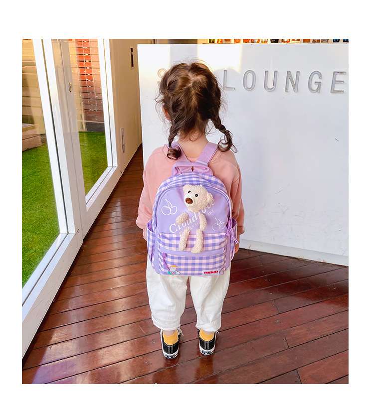 子どもリュック テディベア付きギンガムチェックリュック