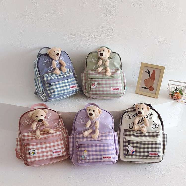 子どもリュック テディベア付きギンガムチェックリュック