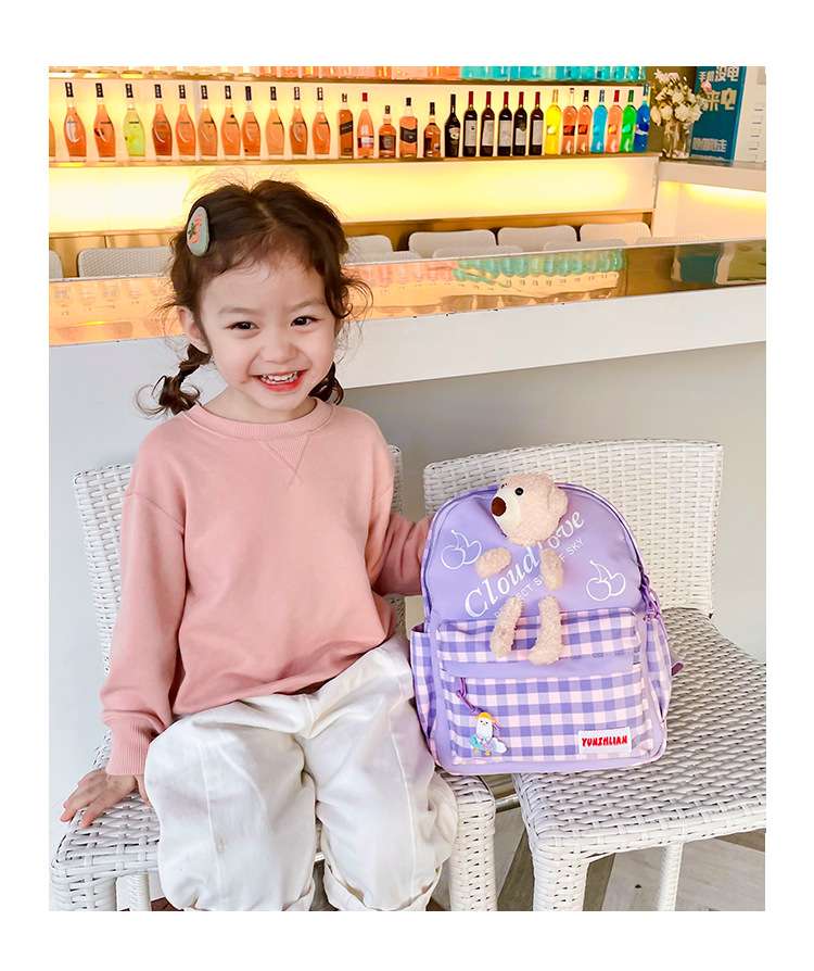 子どもリュック テディベア付きギンガムチェックリュック